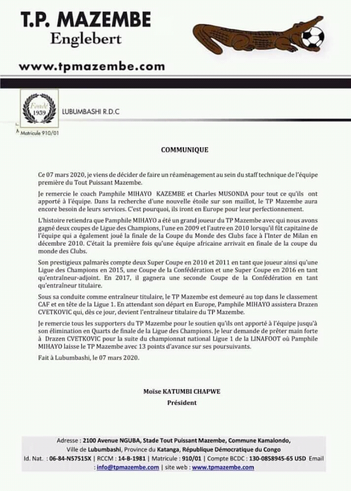 Football, TP mazembe, pamphile Mihayo, remercié