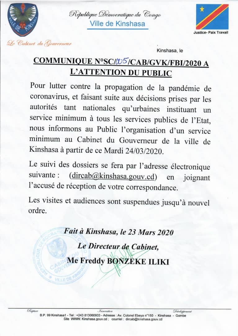 Kinshasa, coronavirus, service minimum, hôtel de ville, mardi 24 mars