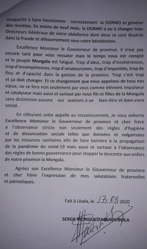 Mongala, vice gouverneur serge mongulu, appelle, gouverneur, ressaisissement