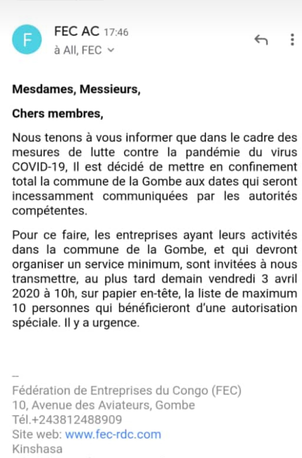 Kinshasa, covid-19, fec, invite, entreprises, gombe