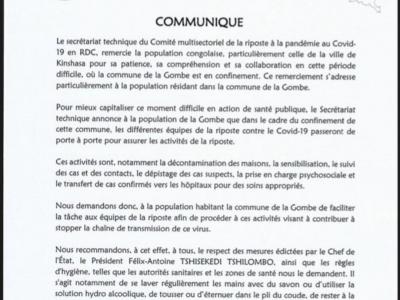 Communiqué du comité multisectoriel contre le Covid-19