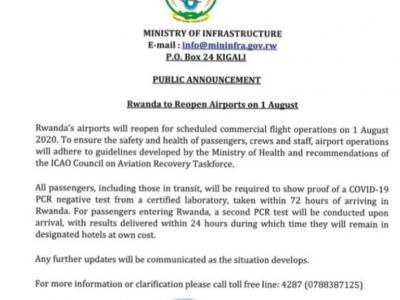 Communiqué officiel du Rwanda sur l'ouverture de ses frontières aériennes