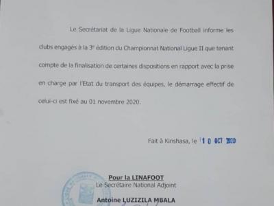Communiqué officiel Linafoot