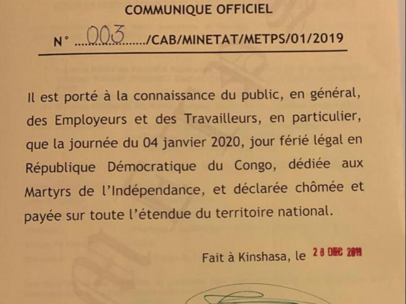 Communiqué du ministère de l'emploi, du travail et prévoyance sociale