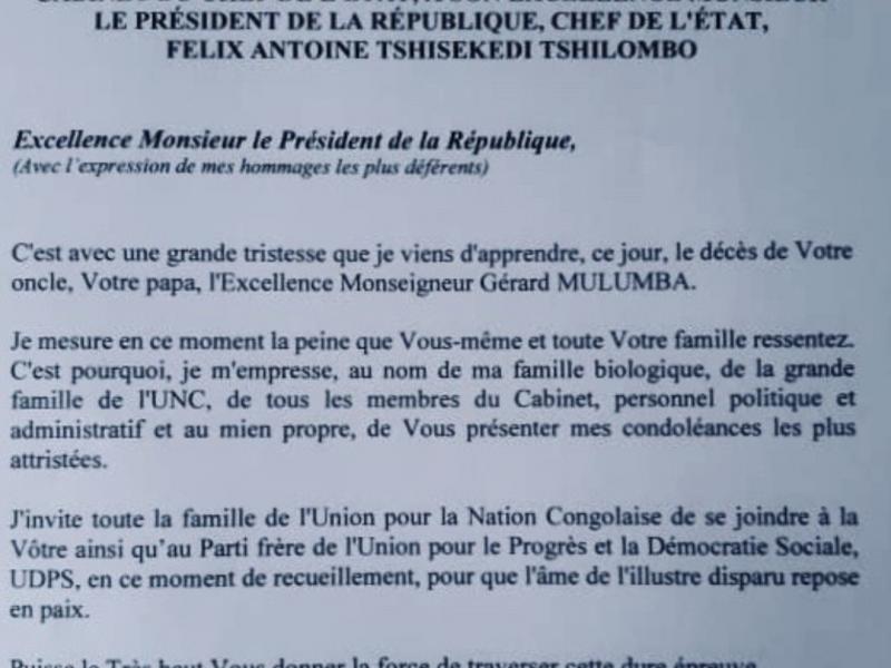 Lettre des condoléances de Vital Kamerhe à Félix Tshisekedi